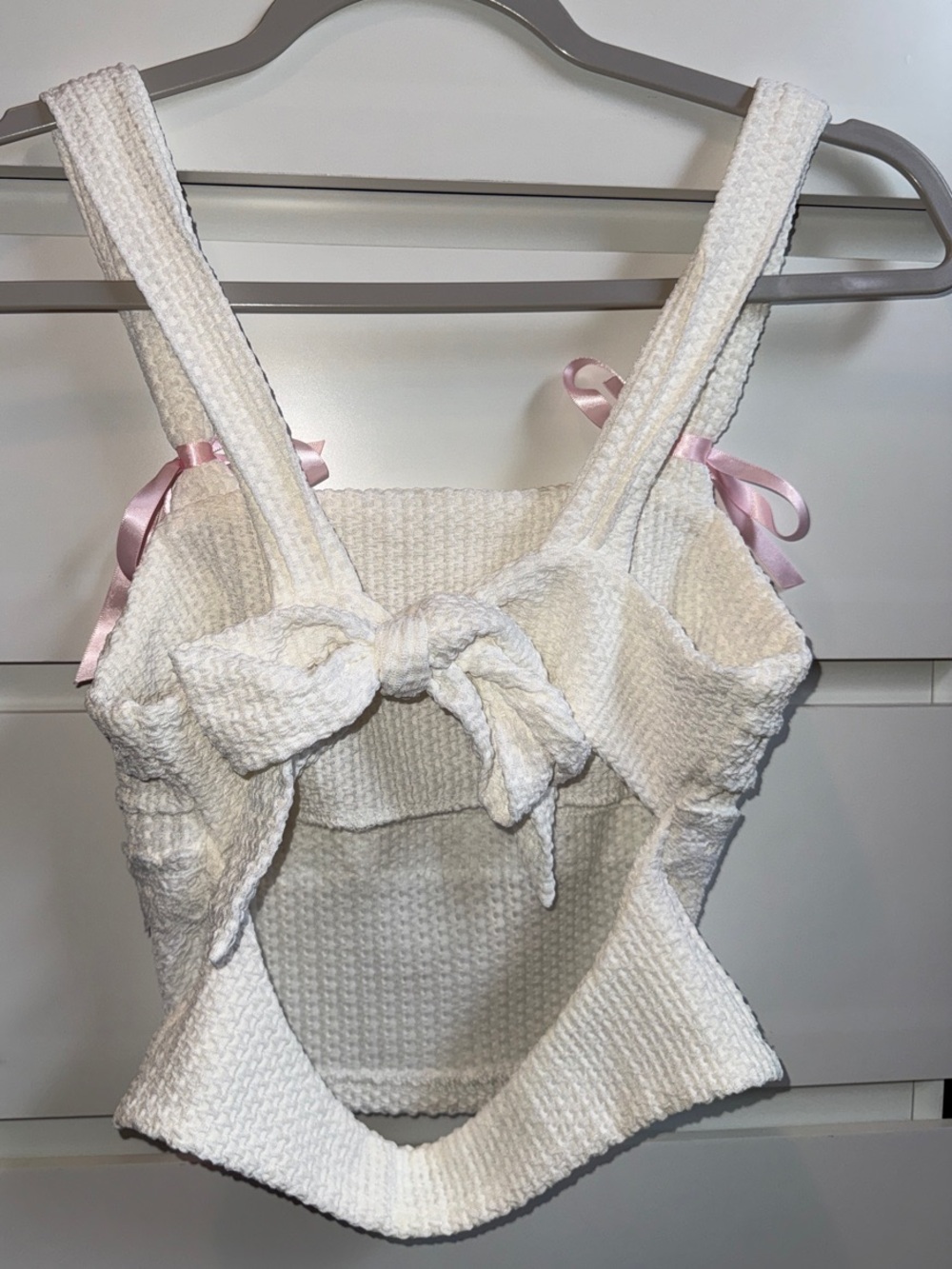 White Textured Knit Tank with Pink Ribbon Straps Coquette
